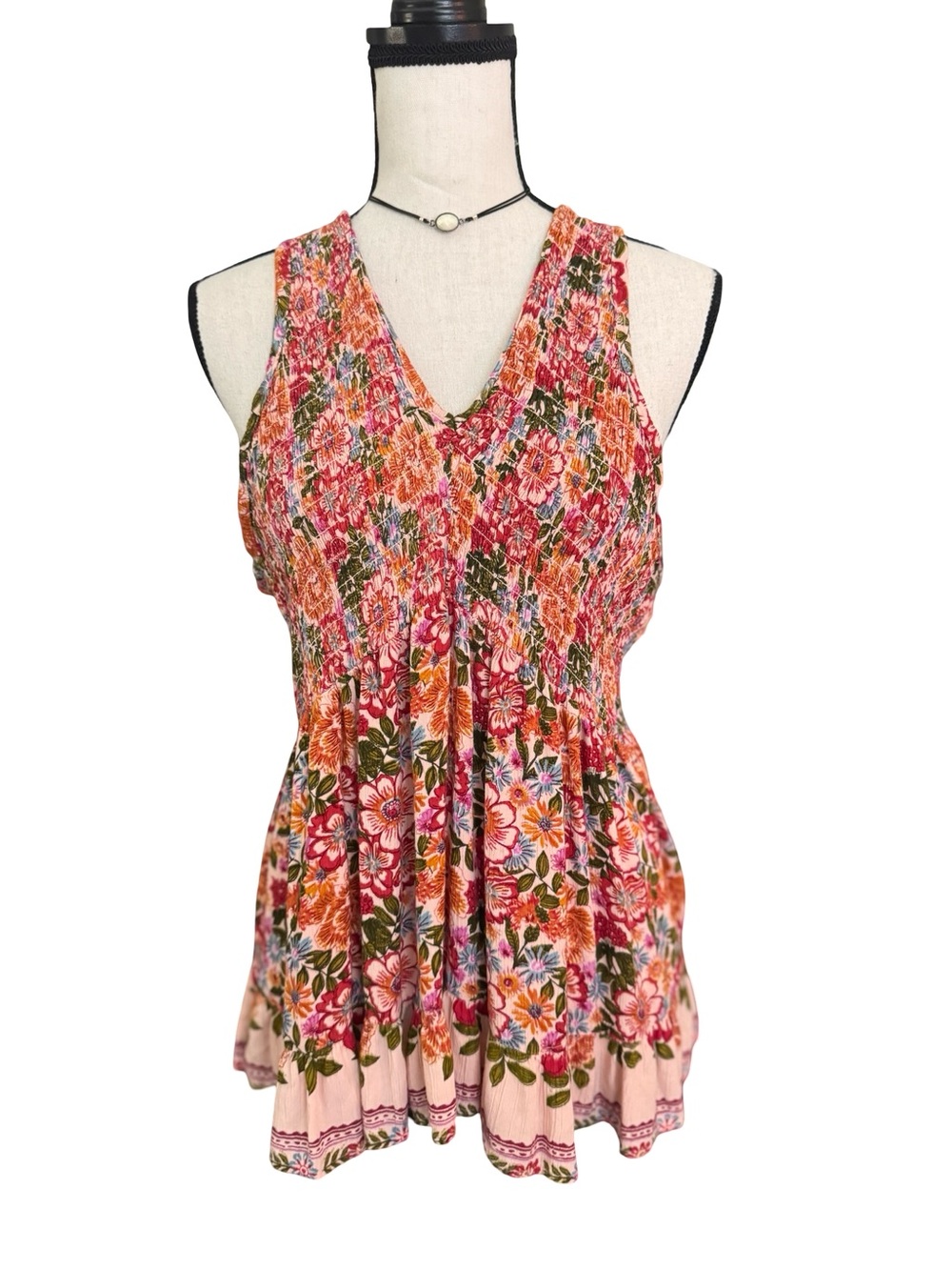 Angie Women’s XL Floral Smocked Babydoll Tank Top Boho Hippie Festival Rayon